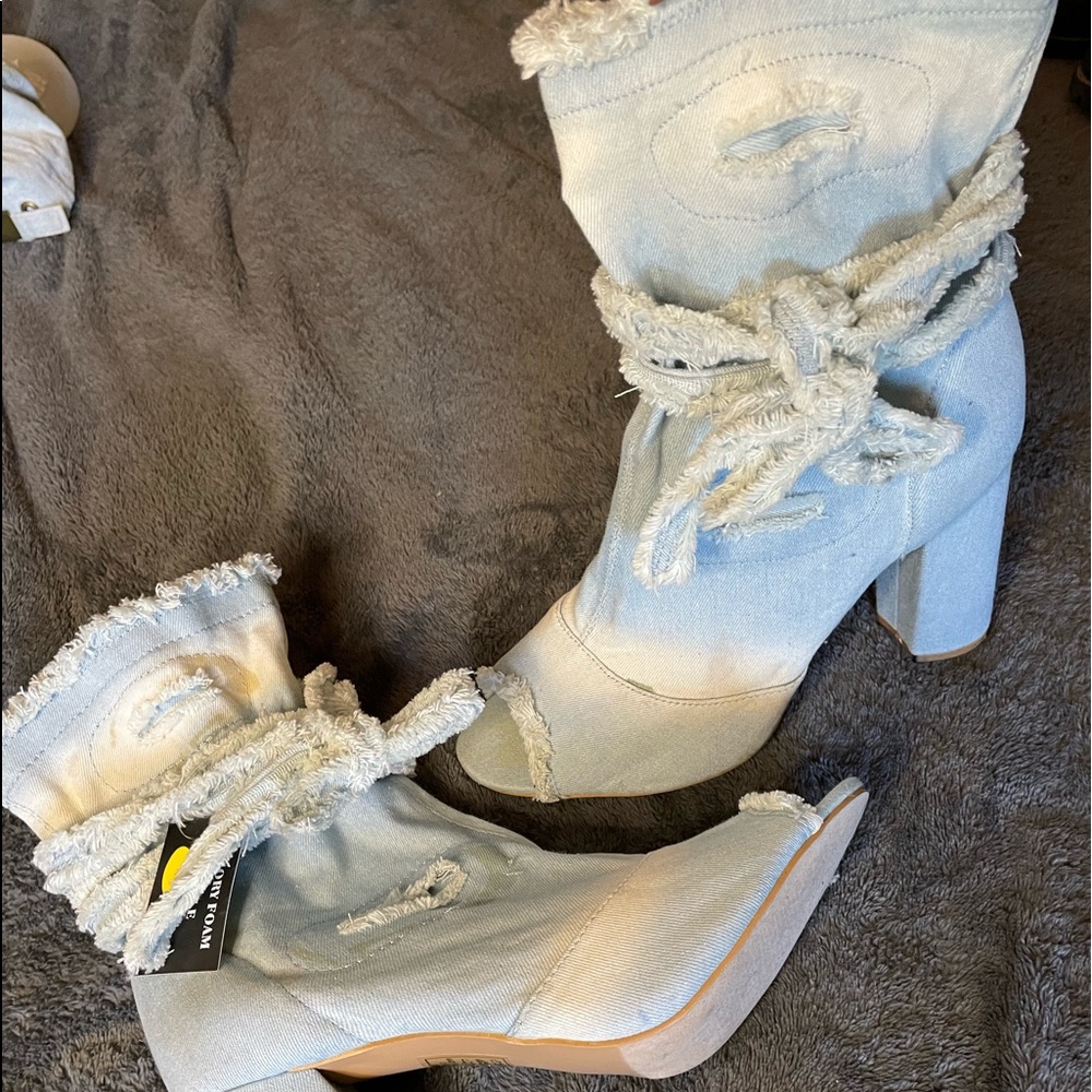 Light blue denim fabric booties